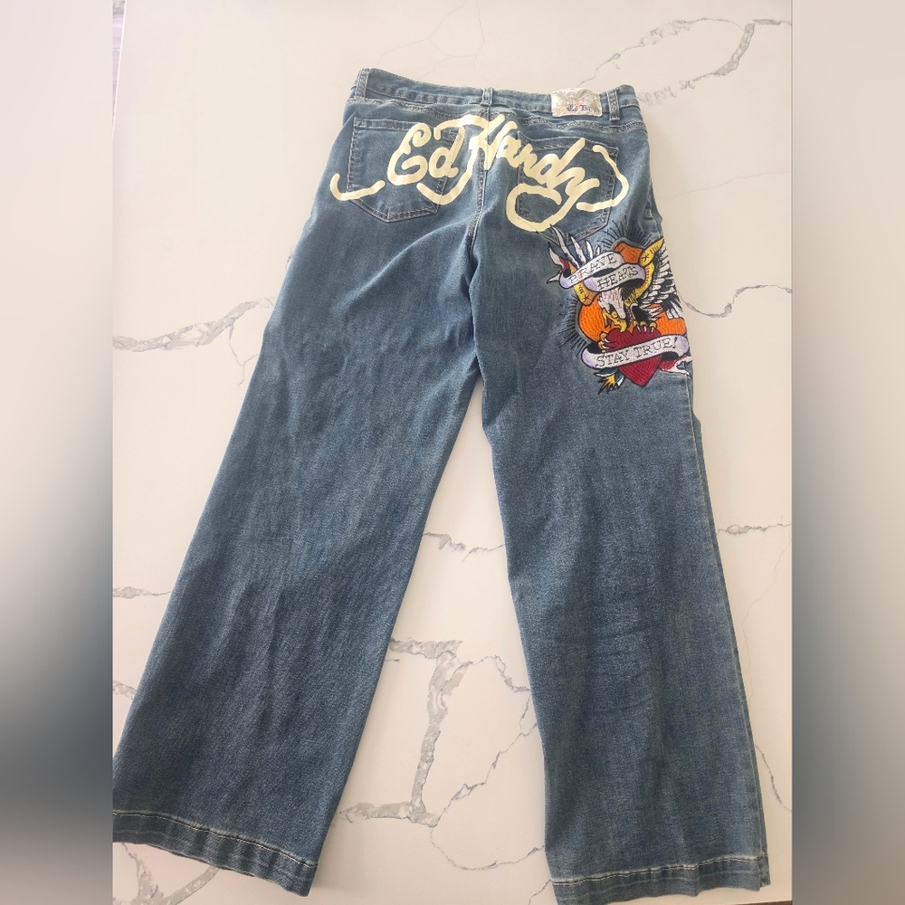 Ed Hardy Blue Jeans with Tattoo-Inspired Lining Sz30 - Picture 7 of 8